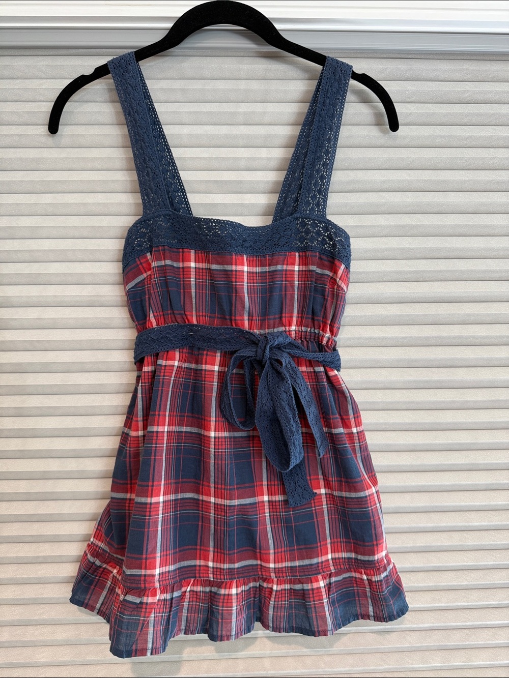 New Hollister Red & Navy Plaid Sundress with Crochet Straps - size S
